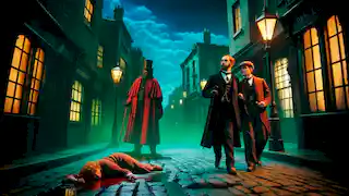 El Sr. Utterson y el Sr. Enfield presencian cómo el Sr. Hyde pisa brutalmente a una joven en una oscura calle de adoquines en Londres.