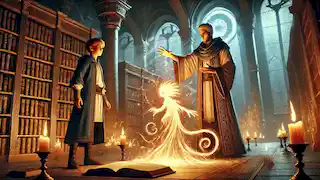 Lukas descubre una cámara prohibida llena de artefactos antiguos y un poderoso Grimorio.