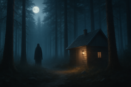 Figura en silueta entre altos pinos bajo una pálida luz de luna.