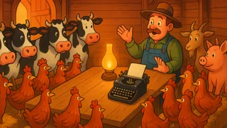 Farm animals gathered around a long table with a single lamp and a typewriter at the center.