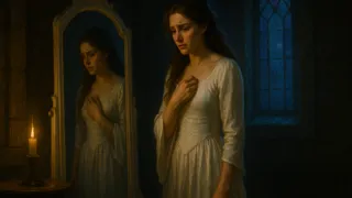 La princesa Kaela, envuelta en la luz de la luna, dividida entre el amor y los celos antes del juicio.