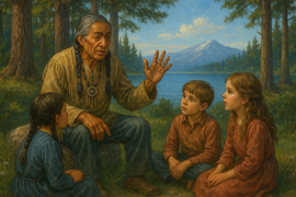 Un anciano nativo cuenta una leyenda a tres niños atentos junto al lago, con árboles y una montaña de fondo.