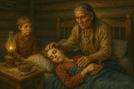 Un anciano nativo coloca suavemente una mano sobre una niña que duerme, mientras un niño pequeño observa, dentro de una cálida habitación de madera iluminada por una linterna.
