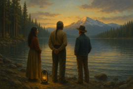Un grupo de personas observa en silencio el lago Tahoe durante la puesta de sol, con una linterna brillante a su lado y montañas nevadas al fondo.