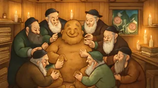 Chelm’s elders sculpting a giant clay Golem in the candlelit synagogue.