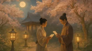 Príncipe Genji y dama en medio del jardín de cerezos al atardecer
