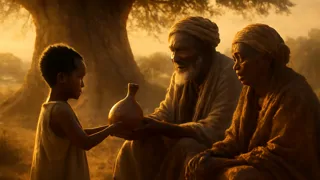 Young child pouring water from calabash to village elder before rainmaker