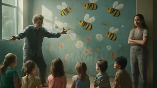 Los niños aprenden sobre los polinizadores con Gordon, bajo el vibrante mural de abejas de Vivian en el centro recreativo.