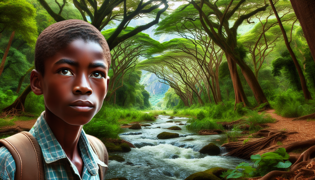 Chipo traveling through a dense Zimbabwean forest near a river.