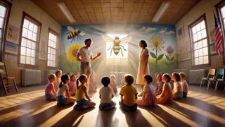 Los niños aprenden sobre polinizadores con Gordon, bajo el animado mural de abejas de Vivian en el centro recreativo.