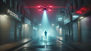 Calle vacía iluminada por drones de patrulla