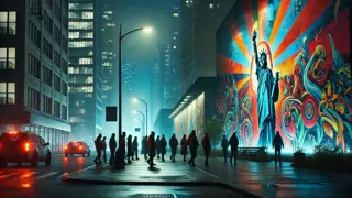 Murales vibrantes en las oscuras paredes de la ciudad por la noche