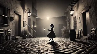Instantánea en blanco y negro de una joven bailarina practicando pasos de Zamba en un patio iluminado por la luz de las linternas.