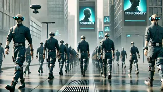 Ciudadanos deambulando en una ciudad uniforme con pesados dispositivos que limitan sus movimientos