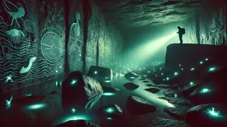Cuevas marinas ocultas bajo los acantilados de Innsmouth, iluminadas por algas bioluminiscentes