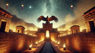 Cóndor Dorado posado sobre un palacio inca iluminado en la noche.