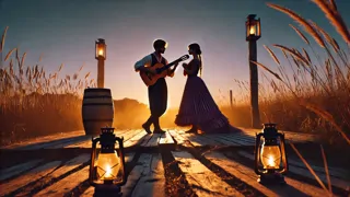 Una joven bailarina y guitarrista practicando juntas en un escenario de madera al anochecer.