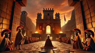 Indio vidente ofreciendo un quipu frente a las puertas del palacio al atardecer.
