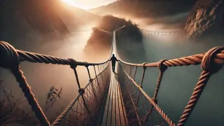 Viajero cruzando con precaución el puente de cuerda Q'eswachaka al amanecer, con la niebla por debajo