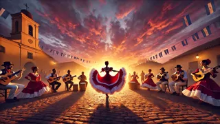 Una bailarina en silueta roja y blanca frente a un sol naciente, rodeada de músicos y bailarines.