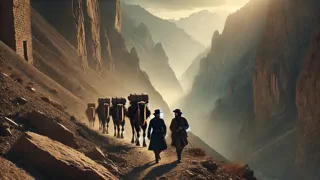 Zwei britische Abenteurer auf einem Felsweg in den Hindukush-Bergen