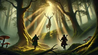Hunor y Magor persiguiendo al ciervo milagroso a través de un antiguo bosque bañado por el sol