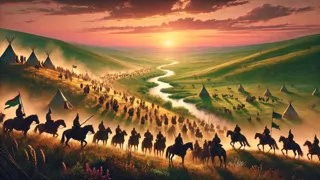 Tribus magiares llegando a las praderas de los Cárpatos a caballo al anochecer.