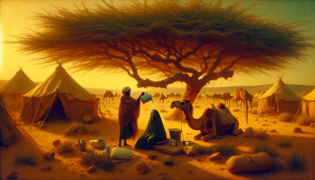 Igal Shidad ofrece pan plano y leche a Cali Gacalo bajo la sombra de un solitario árbol de acacia en el desierto.