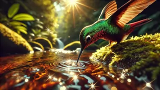 Primer plano de un colibrí llevando una gota de agua sobre llamas carmesíes al borde del bosque.