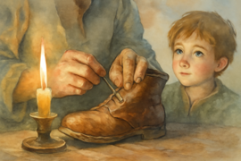 Un zapatero reparando con cuidado las botas gastadas de un niño en su taller.