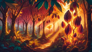 El Hada del Cacao tocando vainas de cacao en un bosque lluvioso brumoso.