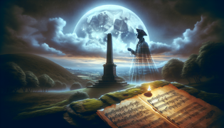 Manuscrito colonial de música en partitura sobre pedestal de piedra por la noche