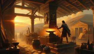 Gordias en su forja al amanecer, golpeando hierro con brasa incandescente a su alrededor.