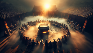 Villagers sharing the final moments of a magical communal meal as dawn breaks.