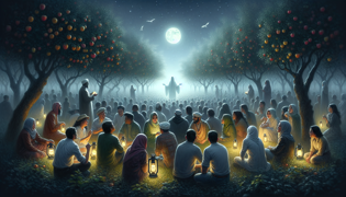 Reunión comunitaria en un claro de huerto envuelto en niebla mientras aparece el Nightcrawler.
