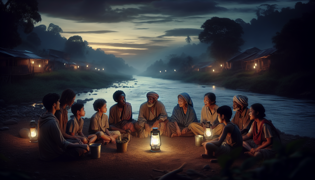 Village community gathered by the river at twilight, sharing stories and memories in unity.