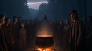 Los aldeanos se reúnen alrededor de una caldera de hierro resplandeciente al atardecer, atraídos por su promesa.