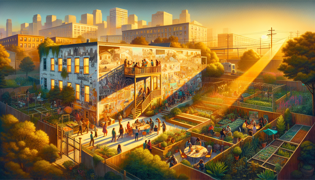 A newly transformed urban community hub featuring a garden, art installations, and local residents gathering.