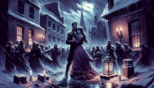 Una pareja desafiante permanece unida en medio de una nevada, rodeada por una multitud furiosa y enojada en una plaza antigua.