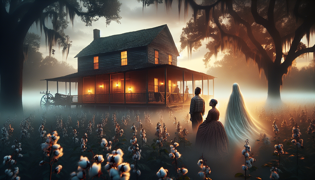 La familia Bell enfrentándose a una figura espectral de bruja en su porche al amanecer, en una alborada neblinosa en Alabama.