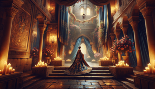 A princesa Layla coroada em meio a um antigo salão de castelo iluminado por uma suave luz de velas e estrelas.