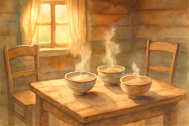 Los tres cuencos de avena colocados sobre la mesa de madera dentro de la cabaña de los osos.