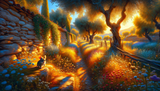 A quaint mouse amidst sunlit olive groves and vibrant wildflowers