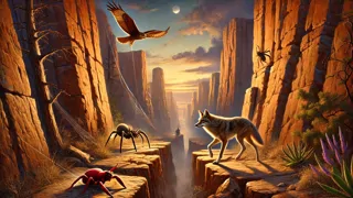 Coyote y sus aliados atravesando columnas de basalto resplandecientes al atardecer en su camino hacia el reino del fuego.