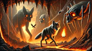 Un coyote escapando con una brasa brillante de una caverna de guardianes de magma, mientras sus aliados lo apoyan