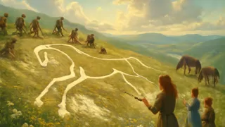Aldeanos tallando el Caballo Blanco de Uffington, guiados por Arianwen, bajo un cielo abierto.