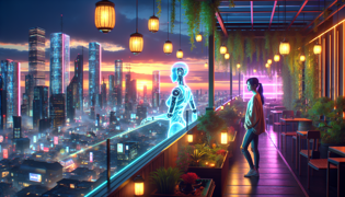 Lia y A.R.I.A. contemplando la Ciudad Neural al anochecer