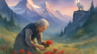 Marija gathers crimson flowers in alpine meadows beneath towering peaks.