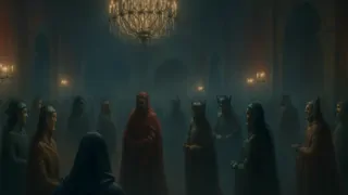 Baile lujoso en un salón de paredes carmesí, iluminado por candelabros, donde elegantes invitados enmascarados bailan.