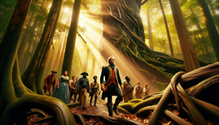 Davy Crockett guía a su grupo a través de un bosque iluminado por el sol hacia un enorme tronco entrelazado en el río.